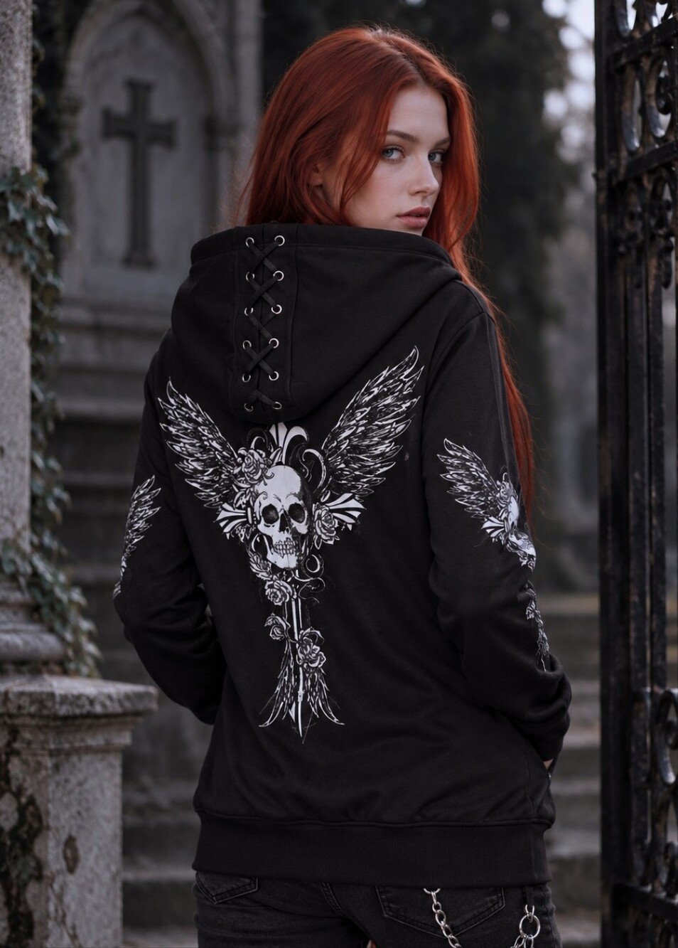Tometo Skull Wings Graphic Zip Up Hoodie Size Small Black Goth Y2K Grunge